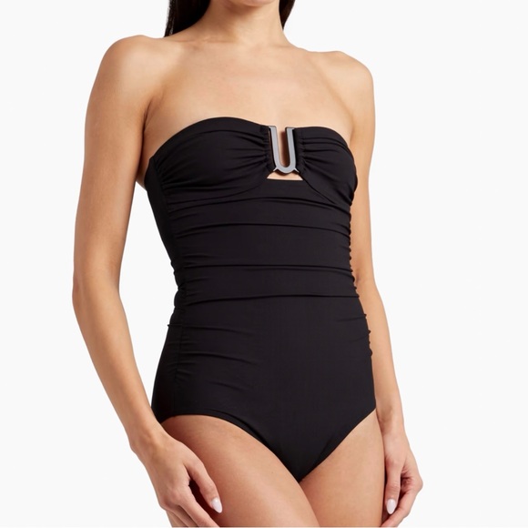 ZIMMERMANN BLACK SCULPT U LINK RUCHED SIDES BANDEAU SPAGHETTI STRAP SWIMSUIT - Picture 8 of 9